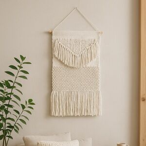 Handcrafted Textured Wool Wall Hanging Boho Tapestry 18.5” x 33” Neutral Ivory